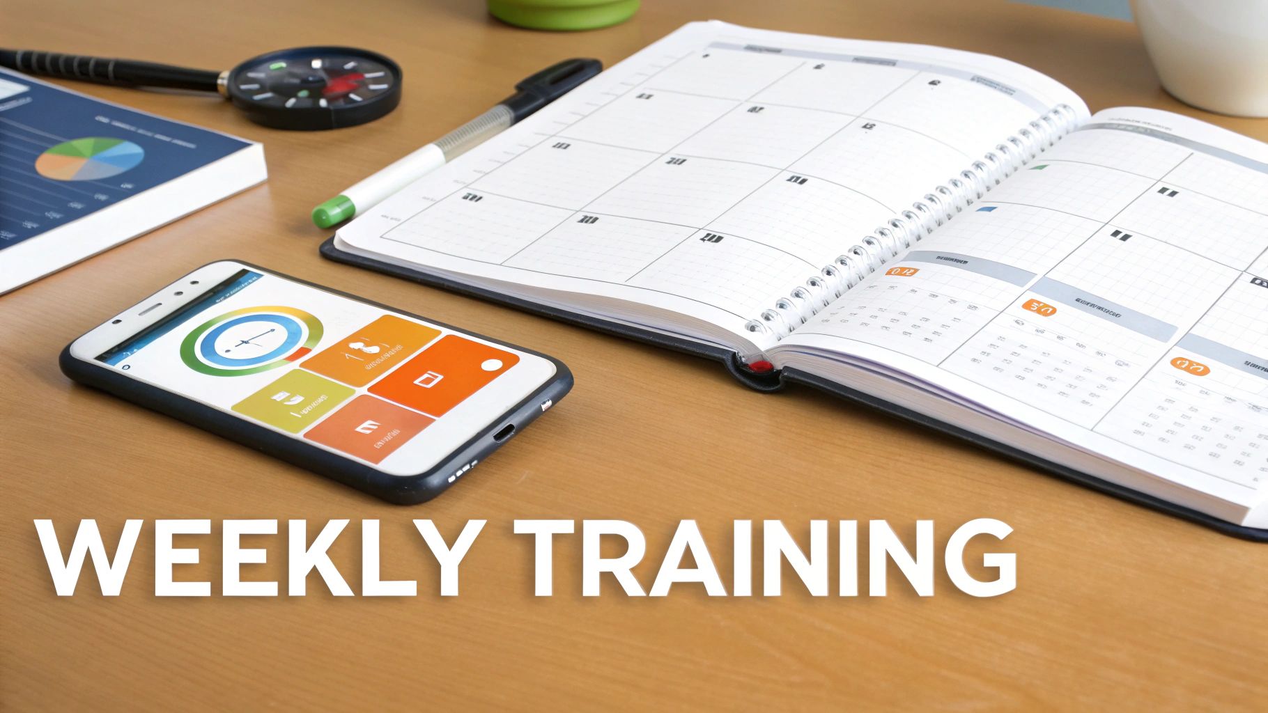 A smartphone displaying a fitness app, an open calendar, and a book on a wooden desk, symbolizing weekly training.