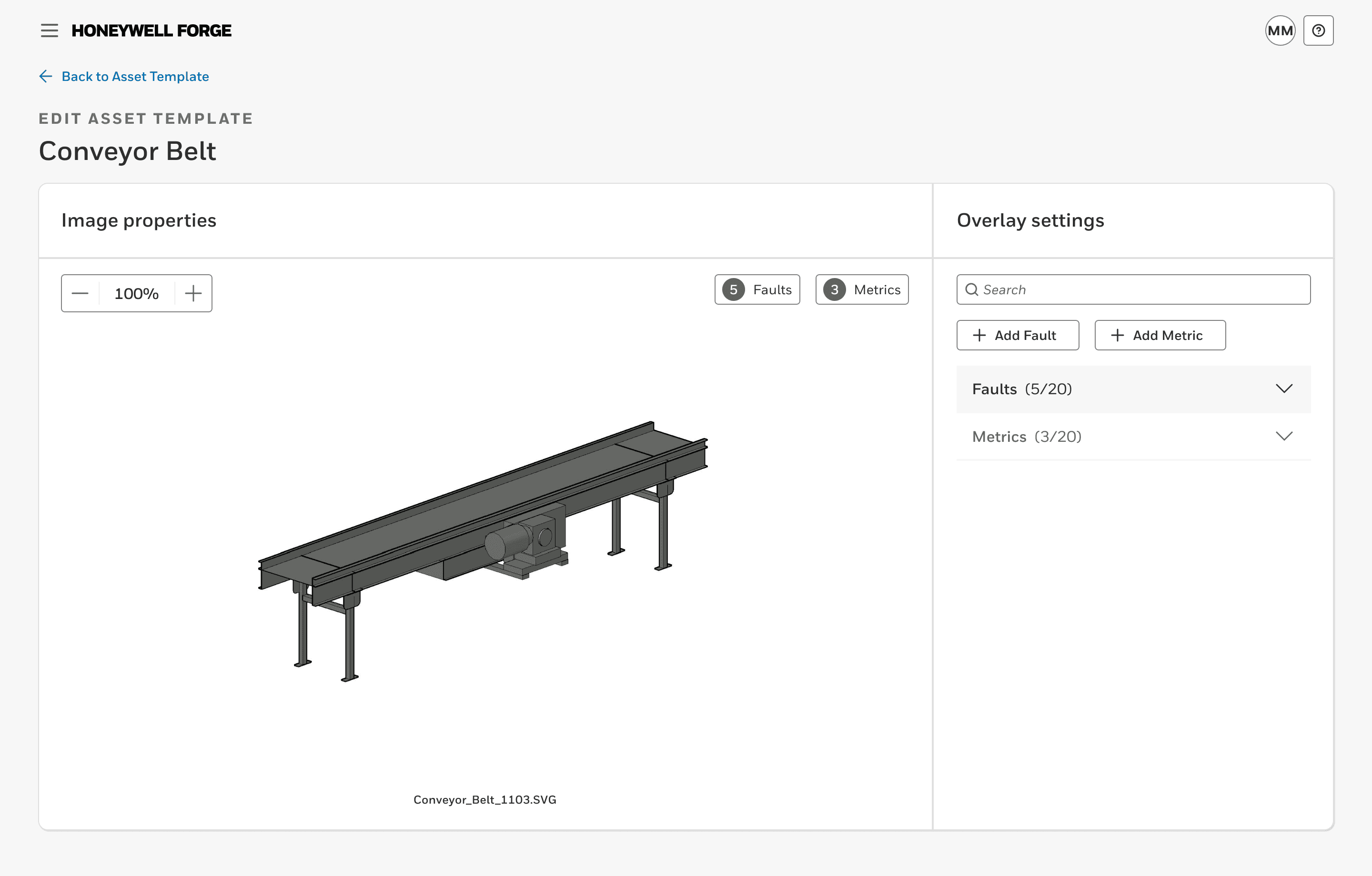 Image properties page with 5 fault and 3 metric overlays