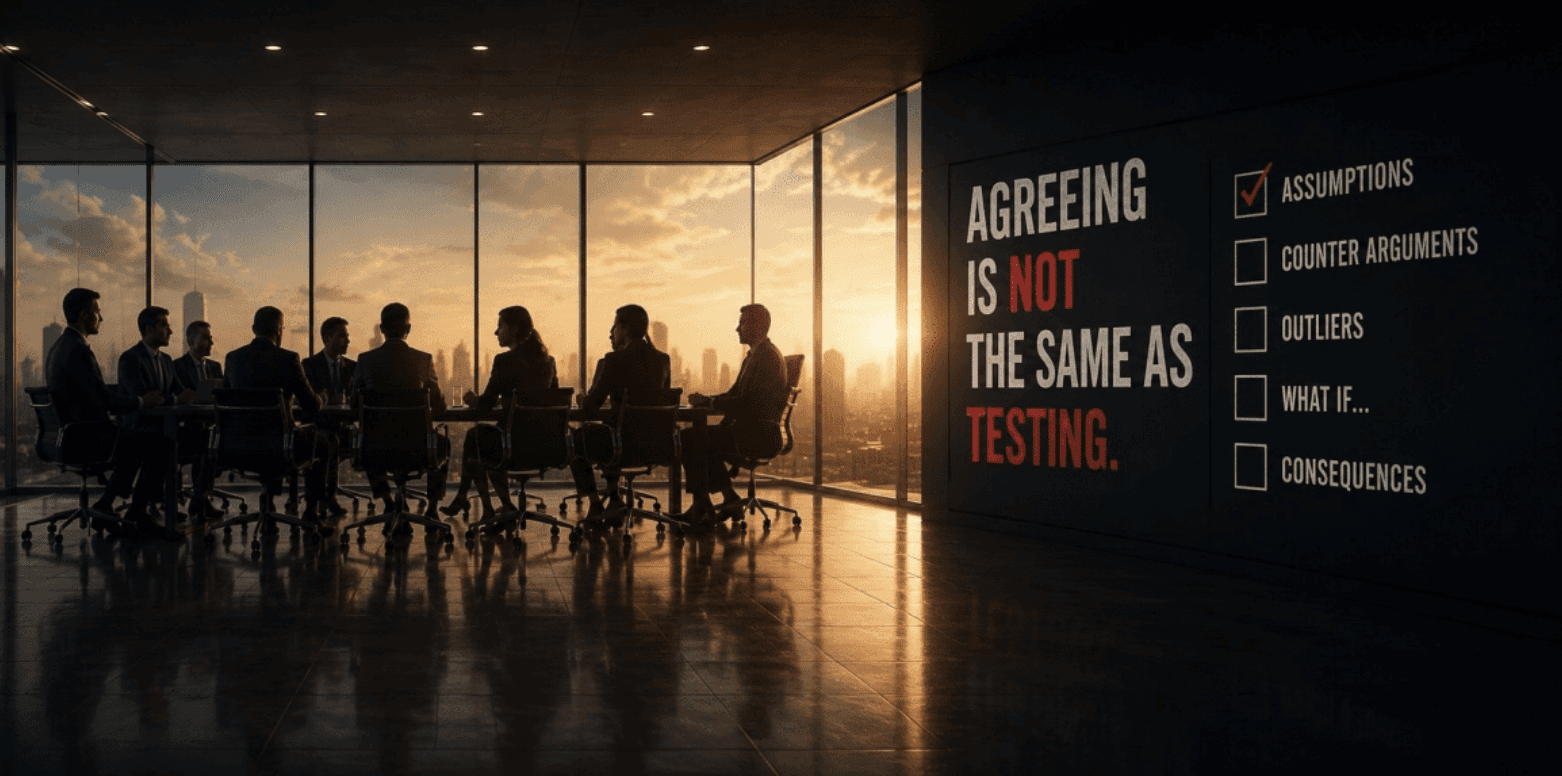 Business team meeting beside a checklist contrasting assumptions with testing and consequences.