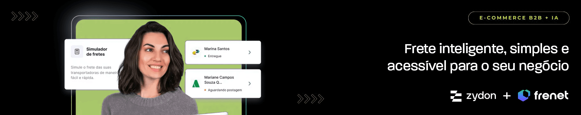 Banner horizontal com fundo escuro, ícones de segurança e satisfação, e imagens de lojas B2B exibidas à esquerda. Elementos gráficos em verde destacam o tema de e-commerce B2B com IA.