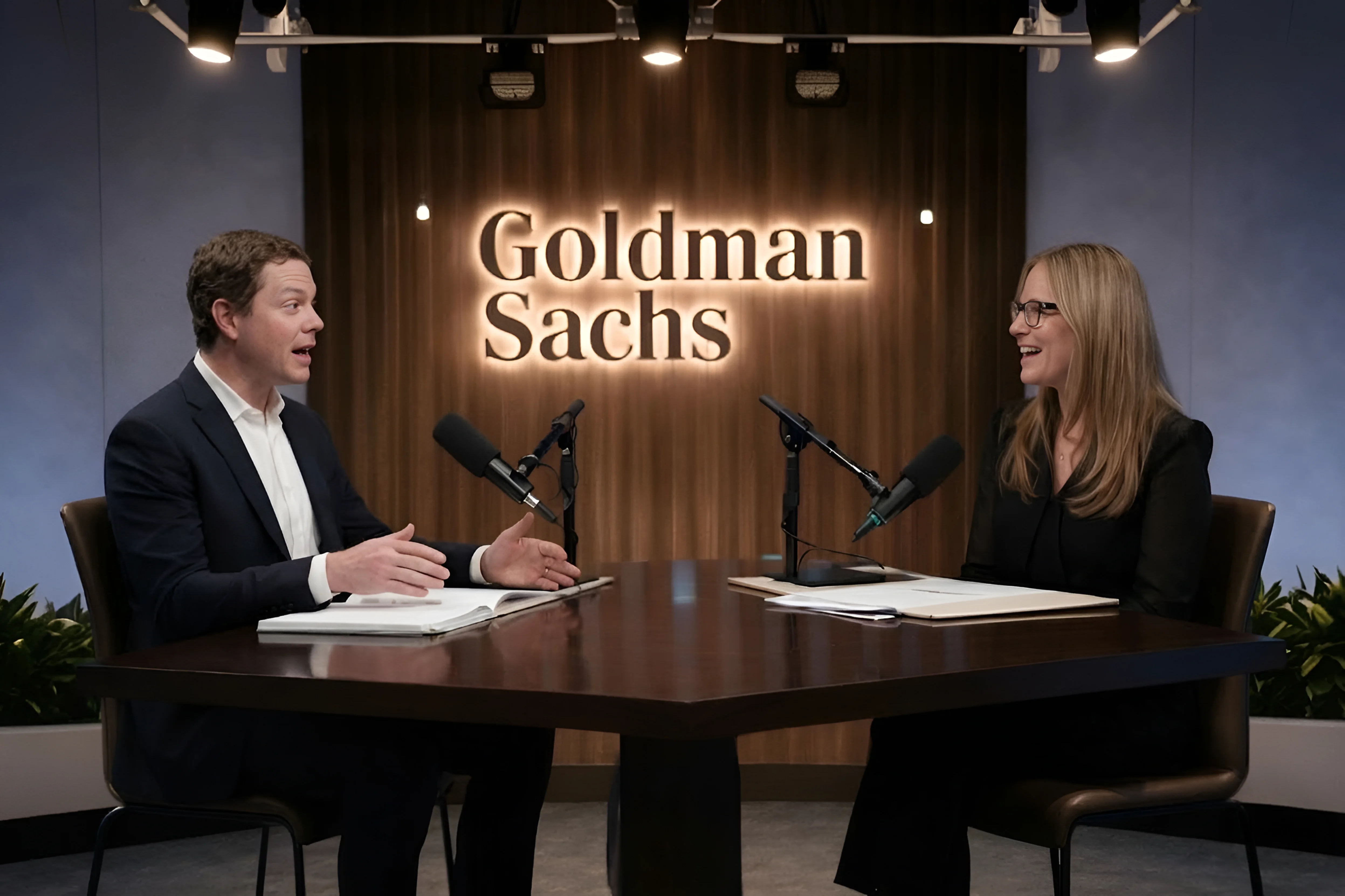 Two people seated at a studio interview desk with microphones, Goldman Sachs logo illuminated on a wooden backdrop behind them