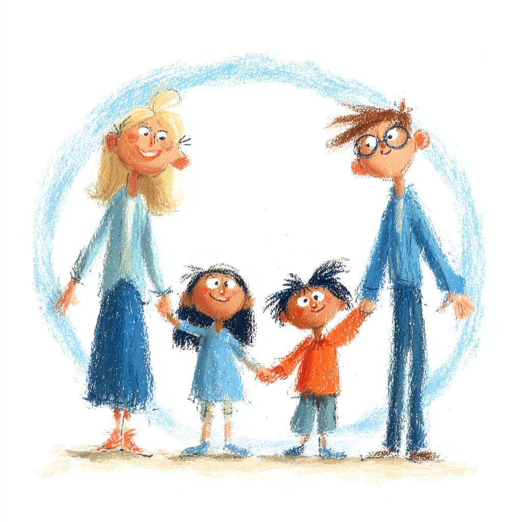 Illustration einer vierköpfigen Familie, die sich an den Händen hält – harmonisch, verbunden, voller Wärme und Zusammengehörigkeit.