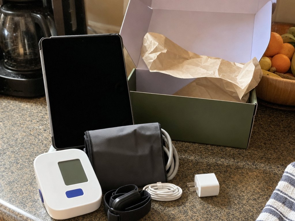 The welcome kit unpacked on a kitchen counter: a black tablet, a white blood pressure monitor with its cuff, a heart rate monitor band, a charger, and the opened green shipping box.