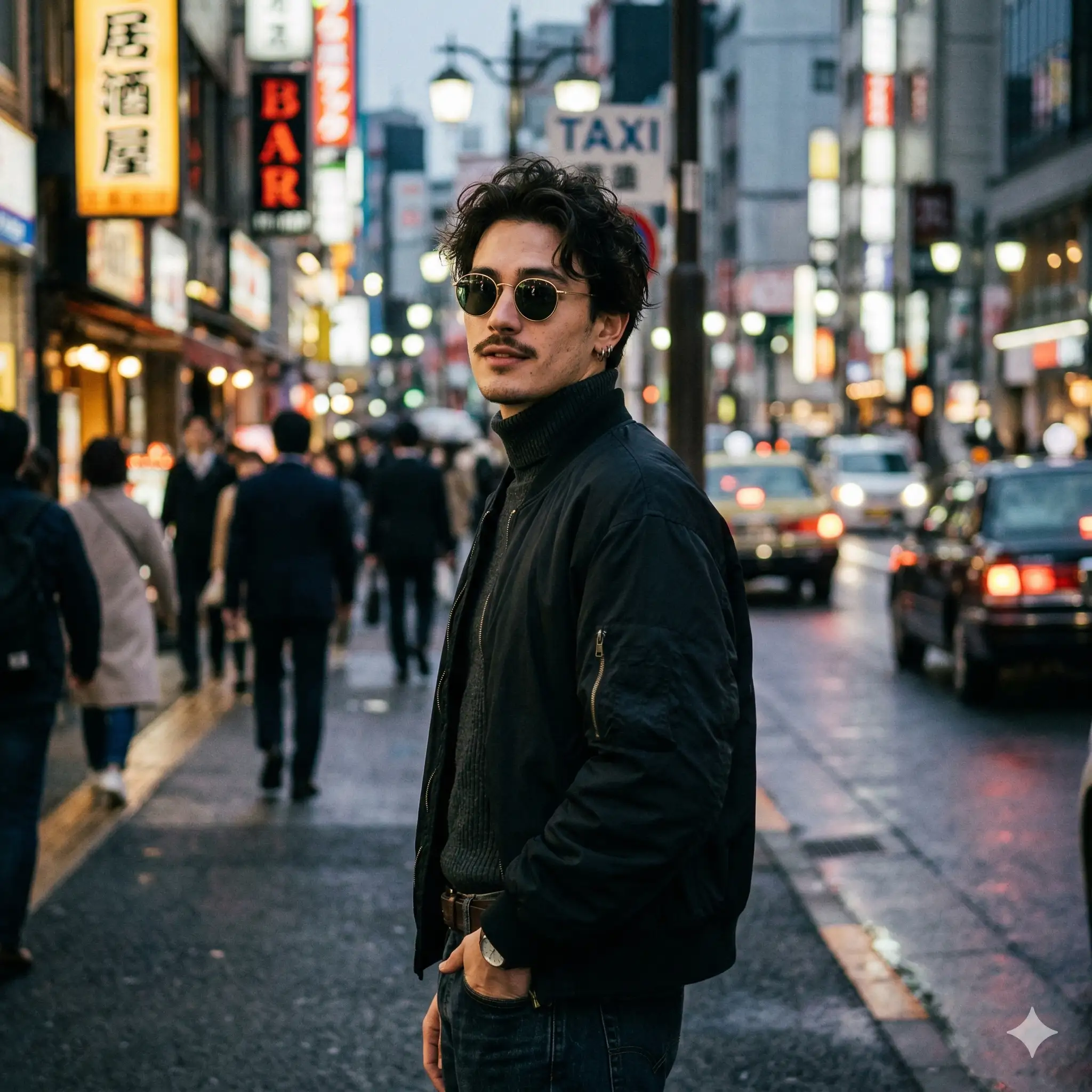 AI-generated portrait of a man with a mustache and sunglasses wearing a black bomber jacket over a turtleneck, standing on a busy city street illuminated by neon signs at night. Designed for the AI marketing portfolio of Mahendra R.