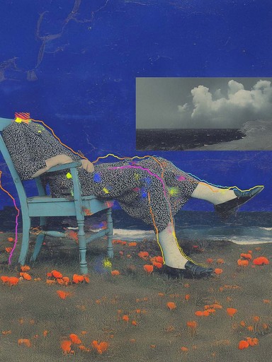 Conceptual collage of a resting figure against a deep blue wall, modern surreal digital art.