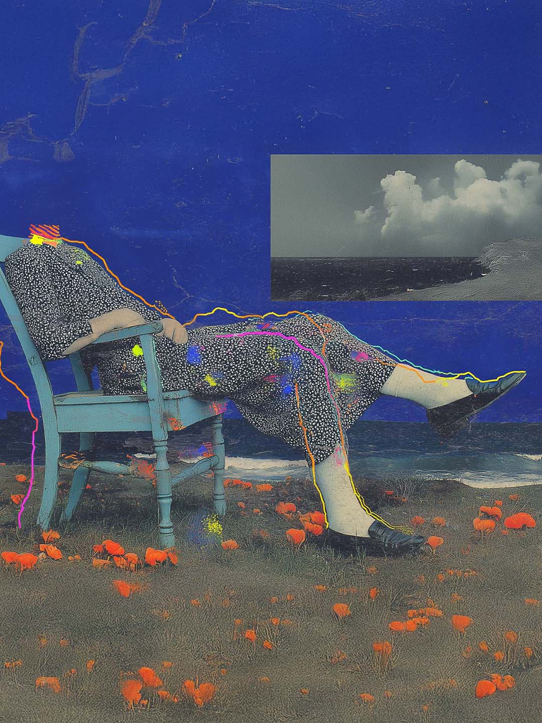 Conceptual collage of a resting figure against a deep blue wall, modern surreal digital art.