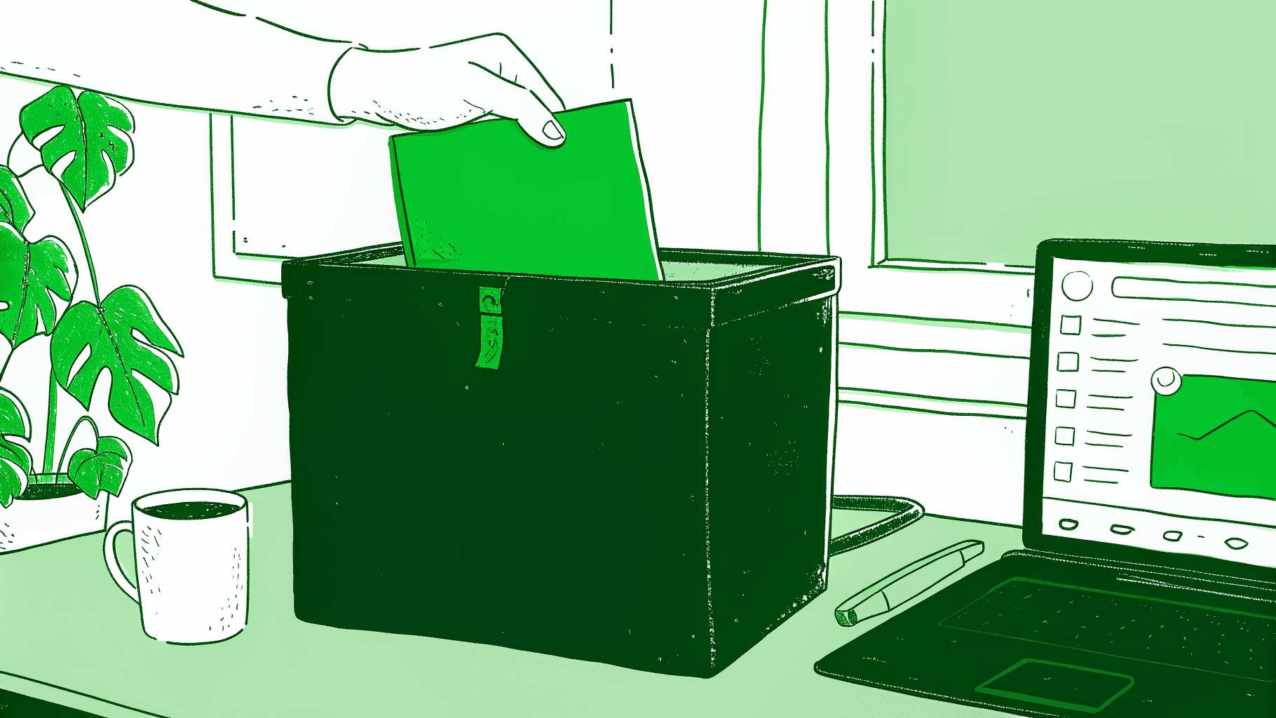 Professional dropping a claim envelope into a black box beside a payout-tracking dashboard on laptop