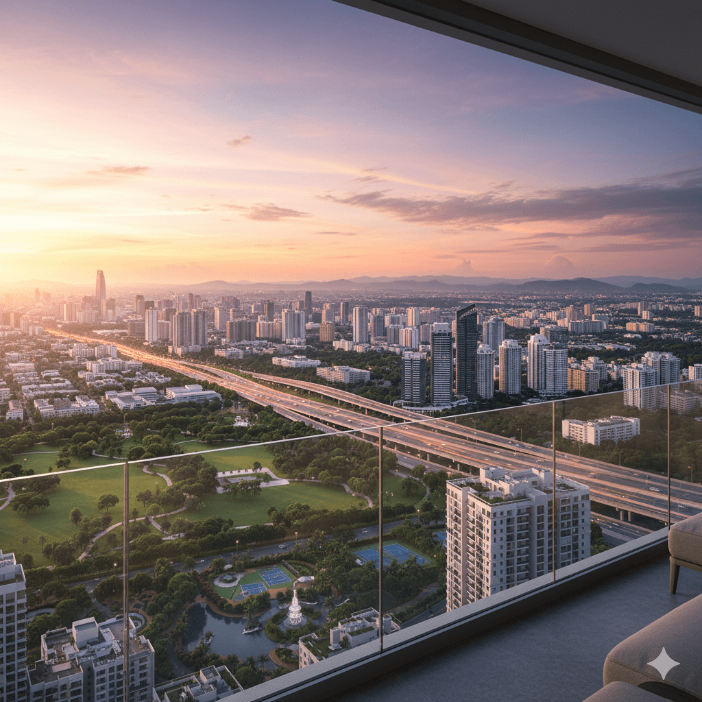 Panoramic city skyline view from a luxury balcony at M3M development, Greater Southern Peripheral Road corridor