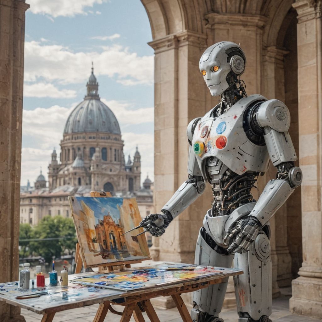 robot painting on a canvas with beautiful architecture in the background