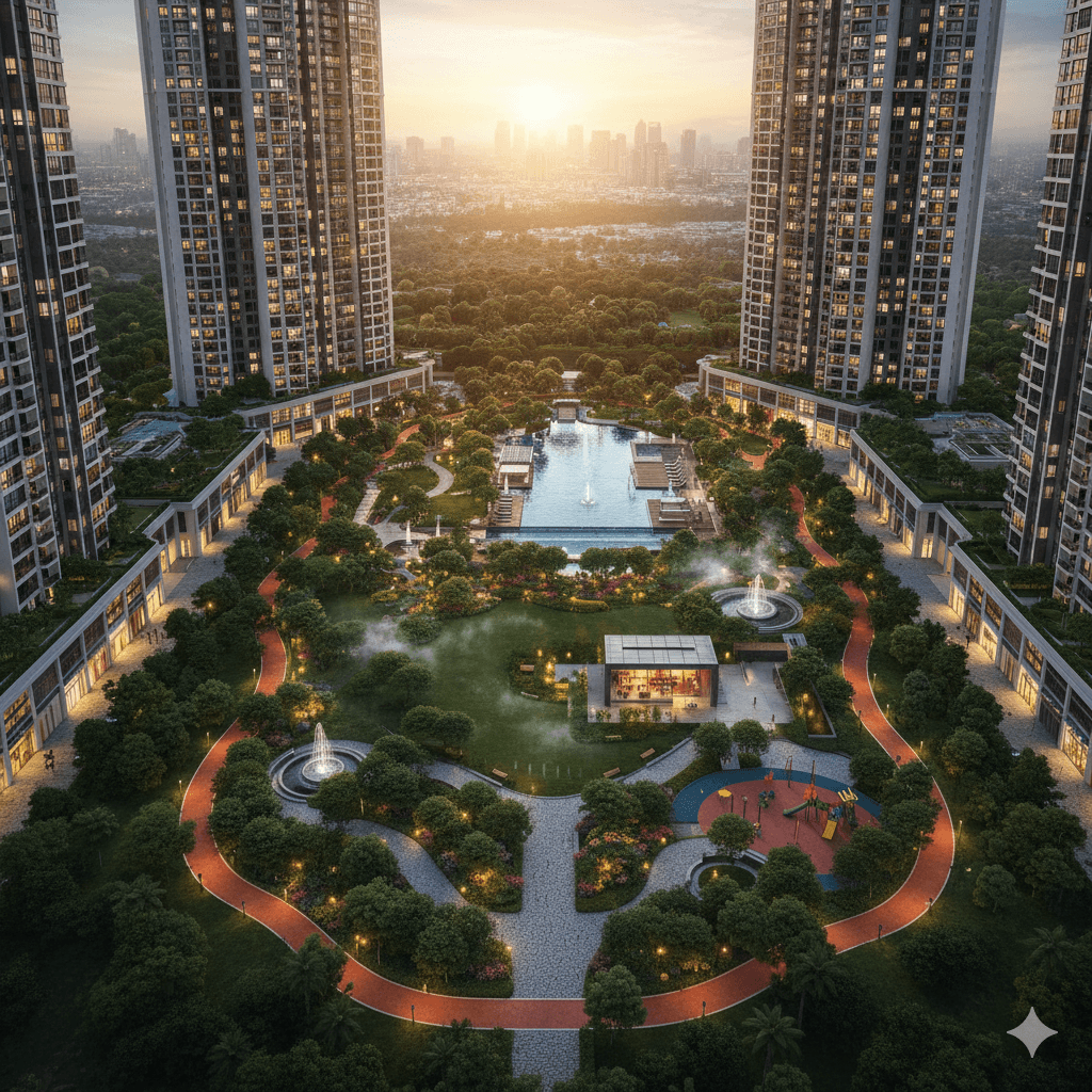 Green park, residential buildings. M3M green spaces