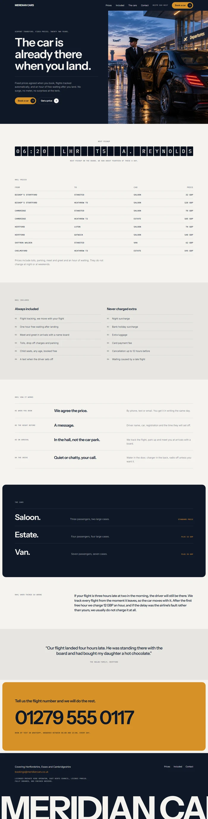 Full page of an AI-generated airport transfer website with a night blue hero, split flap pickup board, fixed price table, included and never charged lists, how it works steps, the cars panel, a late flight statement, a family quote, an amber booking panel with the phone number and a giant wordmark footer
