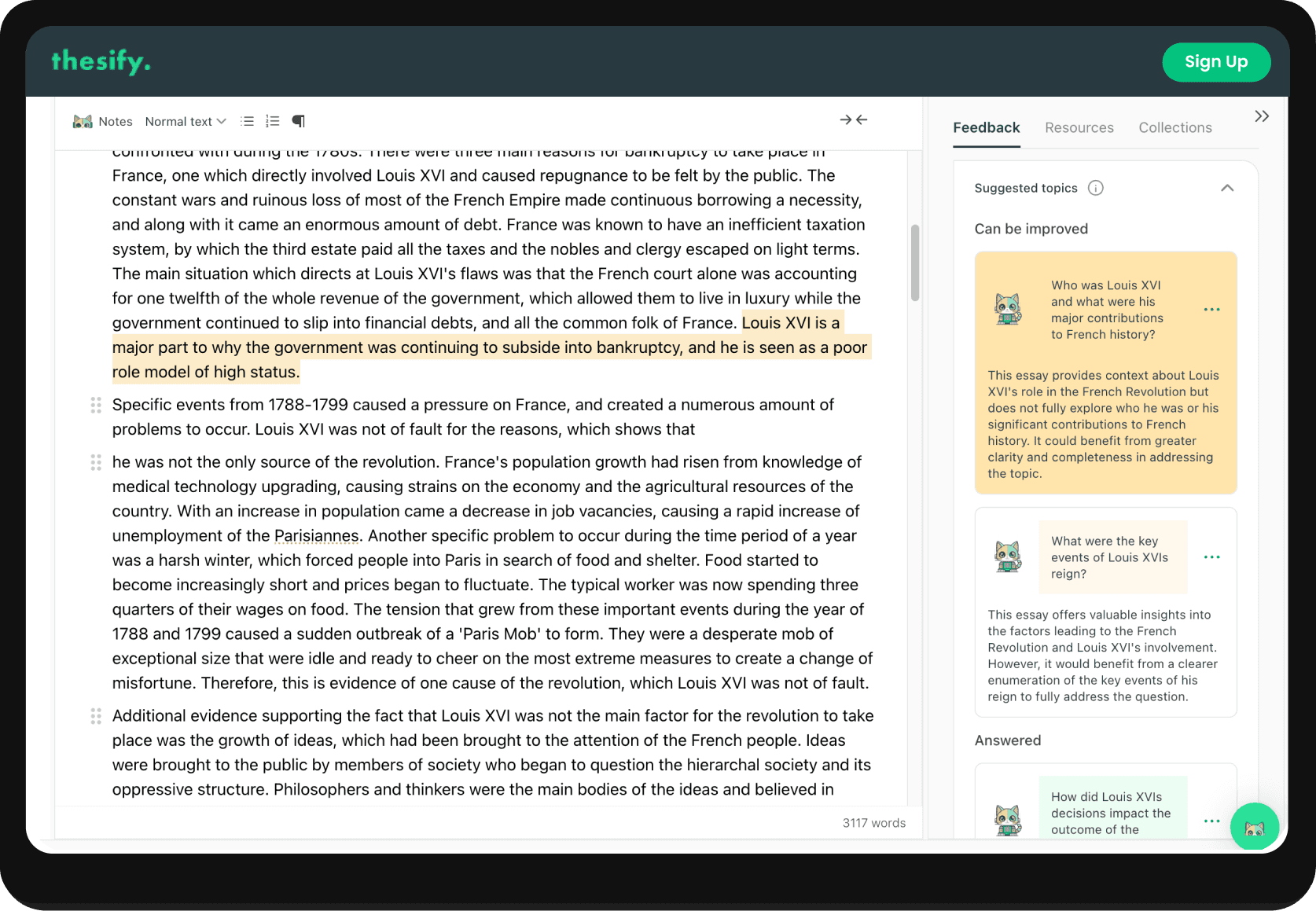 screenshot of thesify's suggested topics with highlights in text