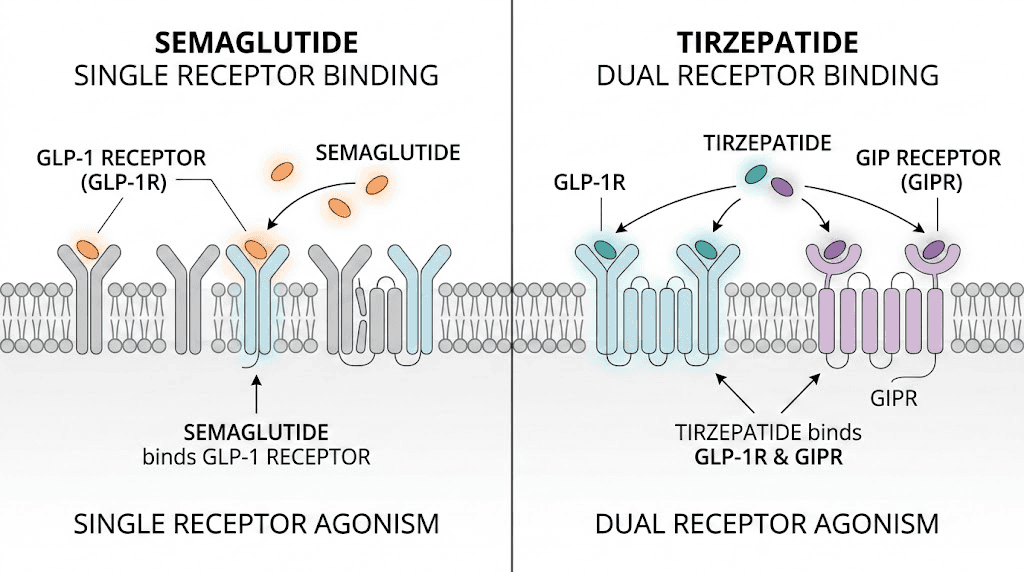 Semaglutide single GLP-1 receptor versus tirzepatide dual GIP and GLP-1 receptor mechanism comparison