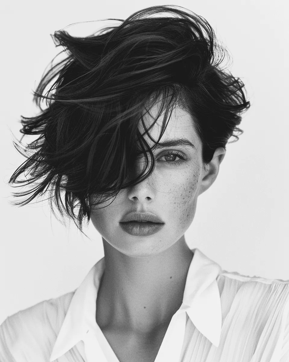 High-fashion black and white close-up portrait of a young woman with a messy short haircut and natural freckles