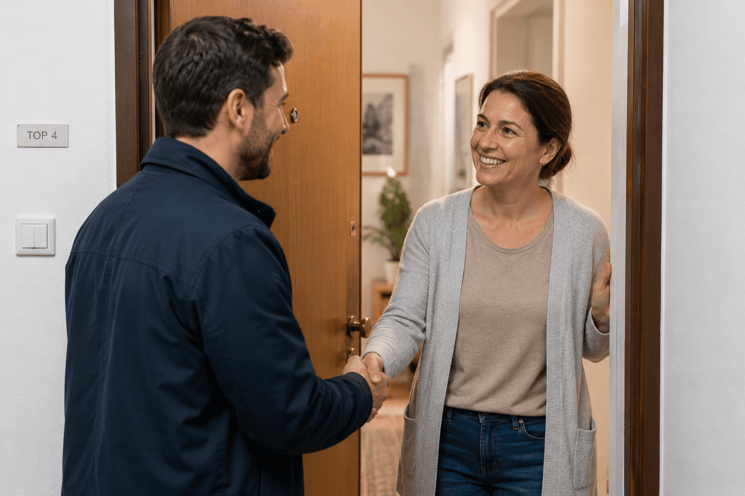 Vermieter und Mieterin begrüßen sich freundlich an der Wohnungstür eines Mehrparteienhauses. Die Szene steht für ein vertrauensvolles Mietverhältnis, offene Kommunikation und einen guten persönlichen Kontakt zwischen Vermieter:innen und Mieter:innen.