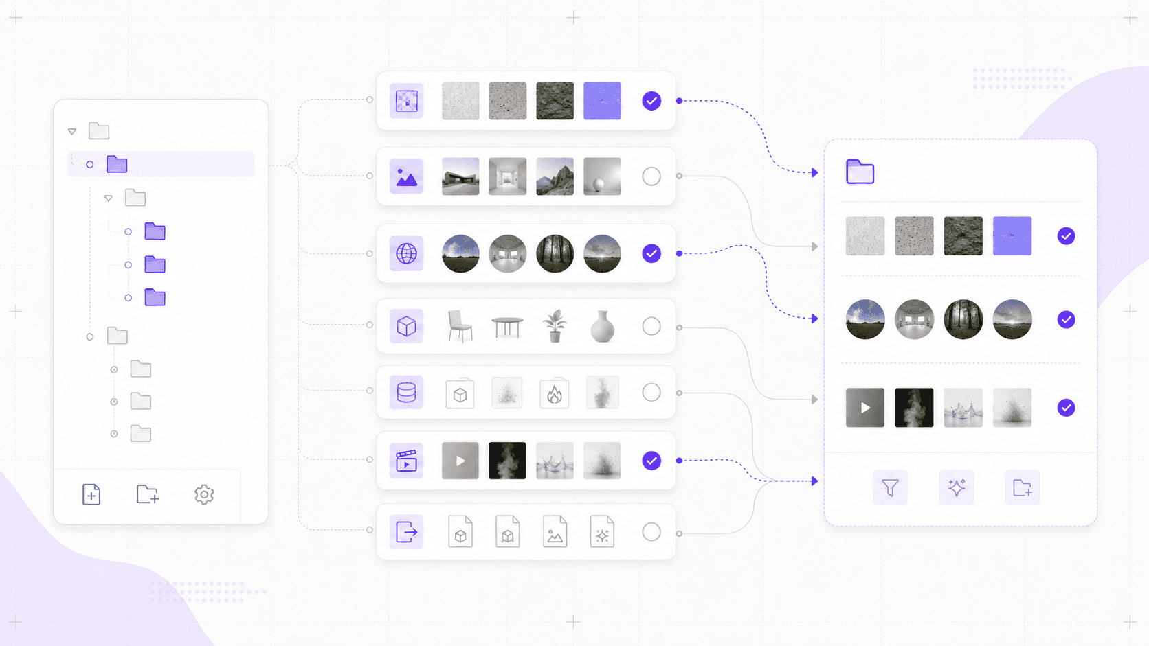 Organized Blender asset workflow showing a folder tree, selected texture, reference, HDRI, model, cache, render, and export assets moving into a clean project panel.