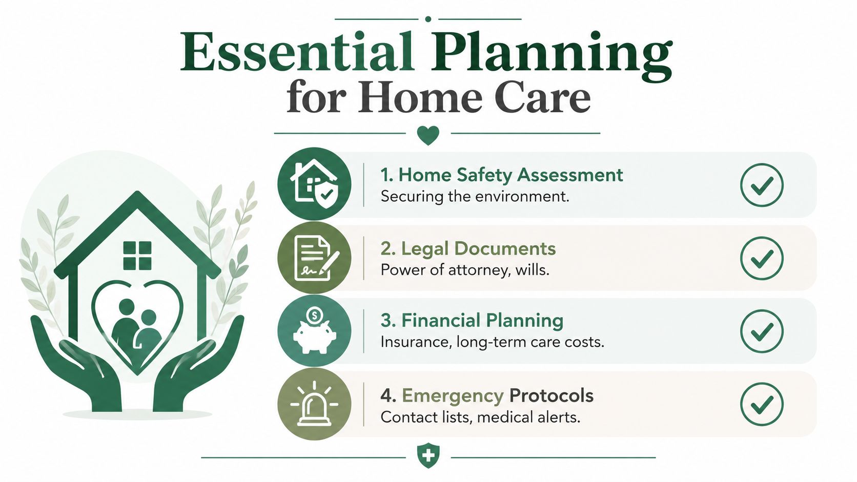 An infographic outlining four essential planning steps for home-based dementia care, including safety, legal, and financial preparations.