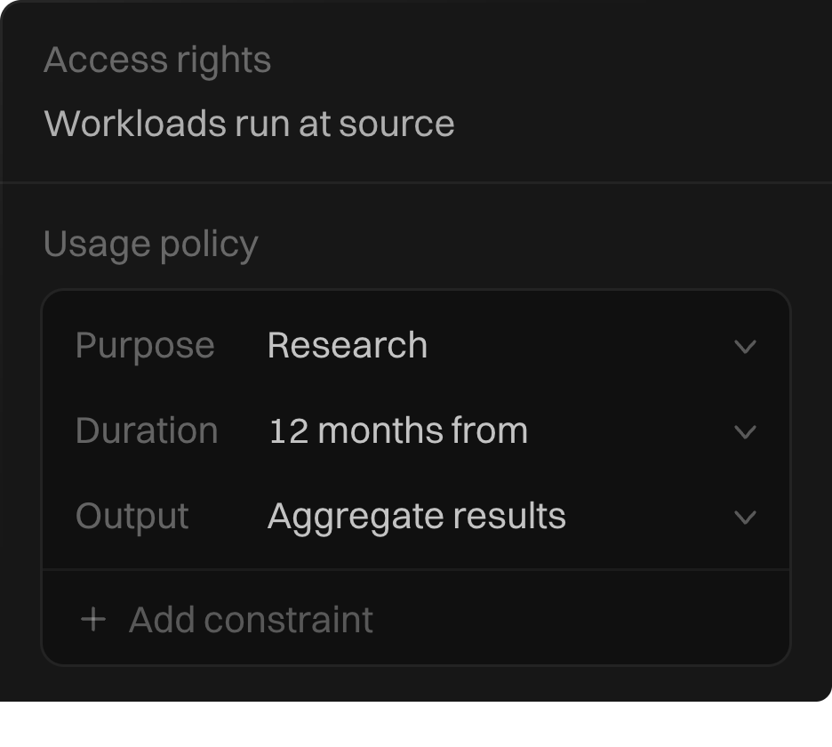Dataspace: usage policy with purpose, duration and output constraints