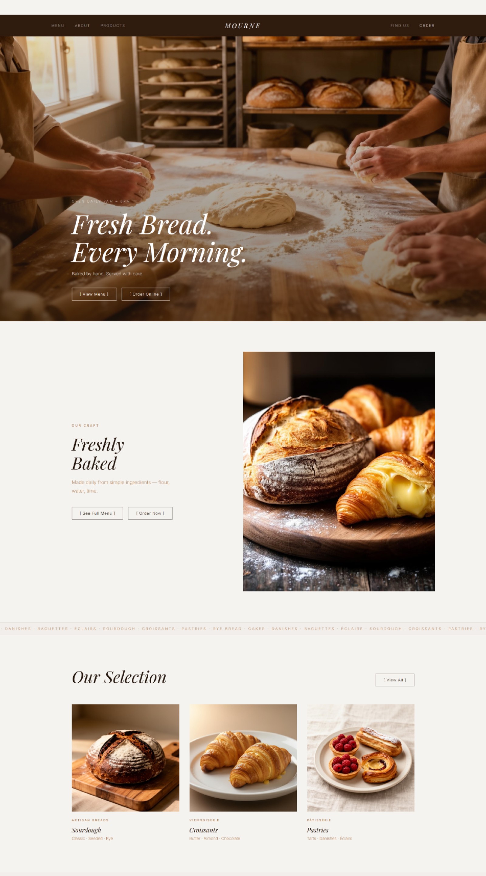 Bakery Website Prompt — artisan bakery website design with dark editorial aesthetic, Playfair Display serif headlines, and full-bleed food photography