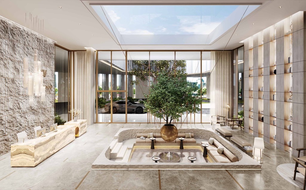 Contemporary living room in Wynwood Horizon, showcasing a spacious design with a large window for ample sunlight.
