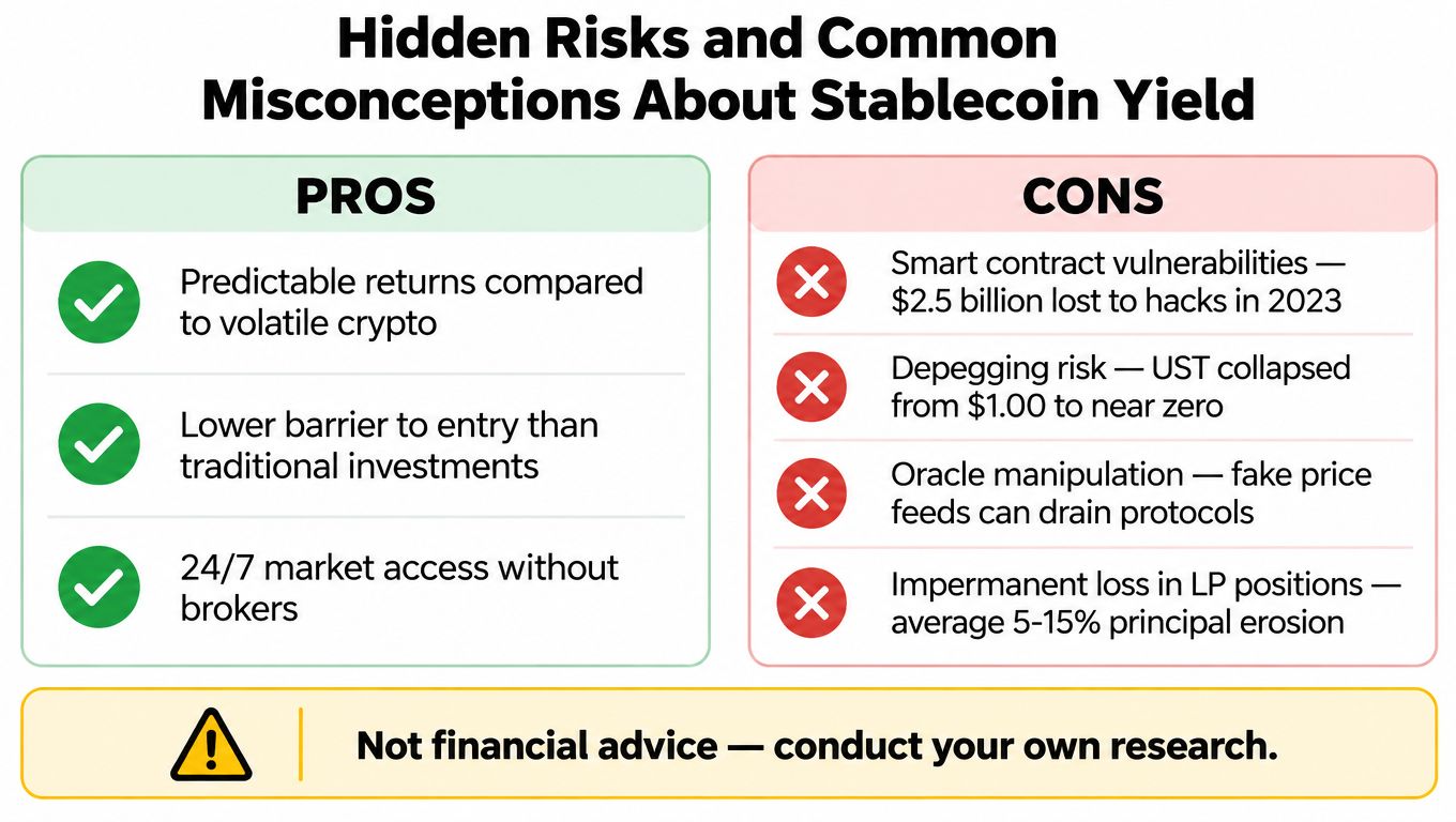 A comparison chart outlining the pros and cons of earning yield on stablecoin crypto investments.