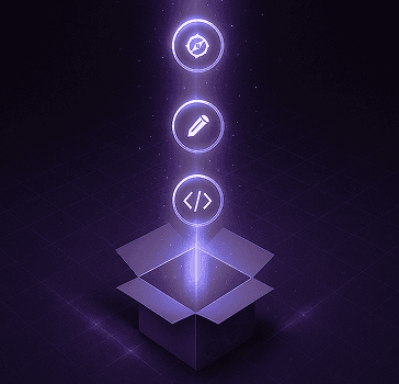 Animated graphic showing glowing purple orbs connected by a light trail, set against a dark background.