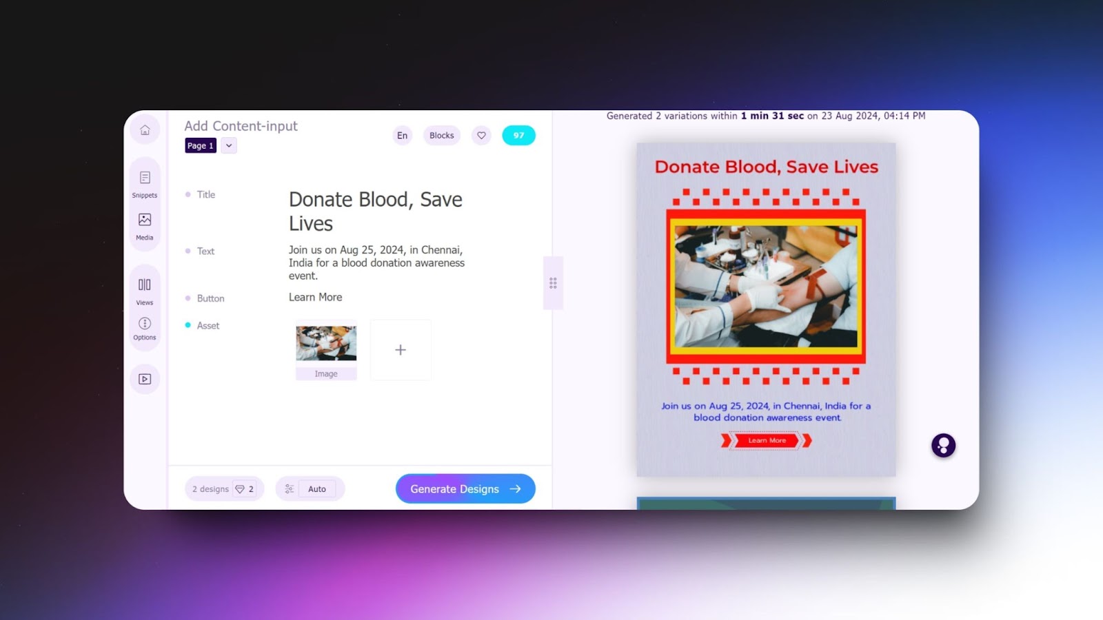 Screenshot of Sivi AI tool generating a blood donation awareness poster with design options, illustrating how to donate blood and save lives.