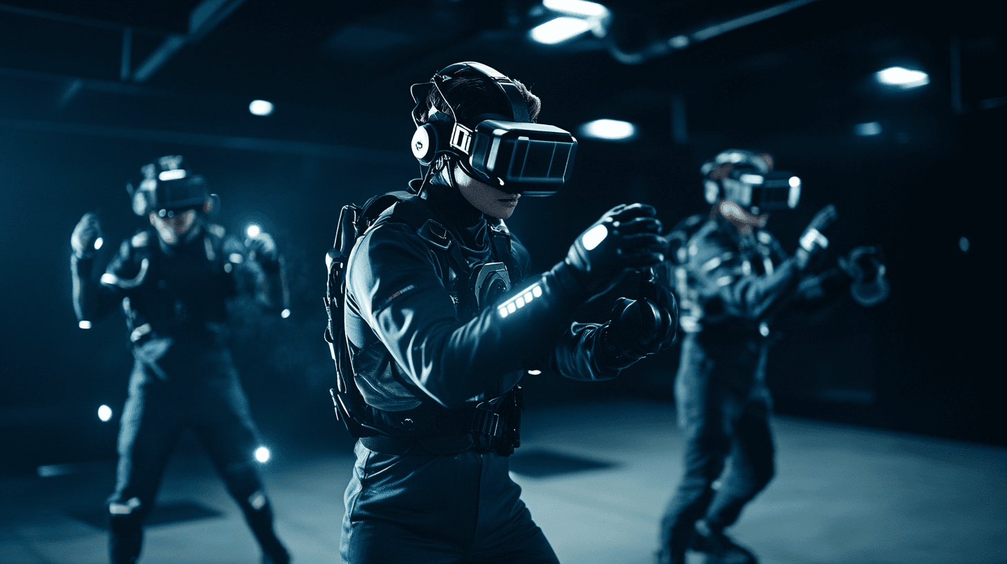 Professionals in full-sensory VR gear participating in a high-stakes training simulation using The Oasis platform.