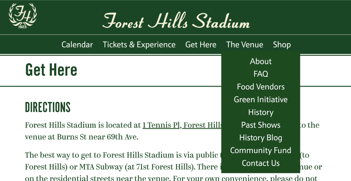 Original lengthy navigation showing 'Get Here' dropdown menu with items: About, FAQ, Food Vendors, Green Initiative, History, Past Shows, etc.