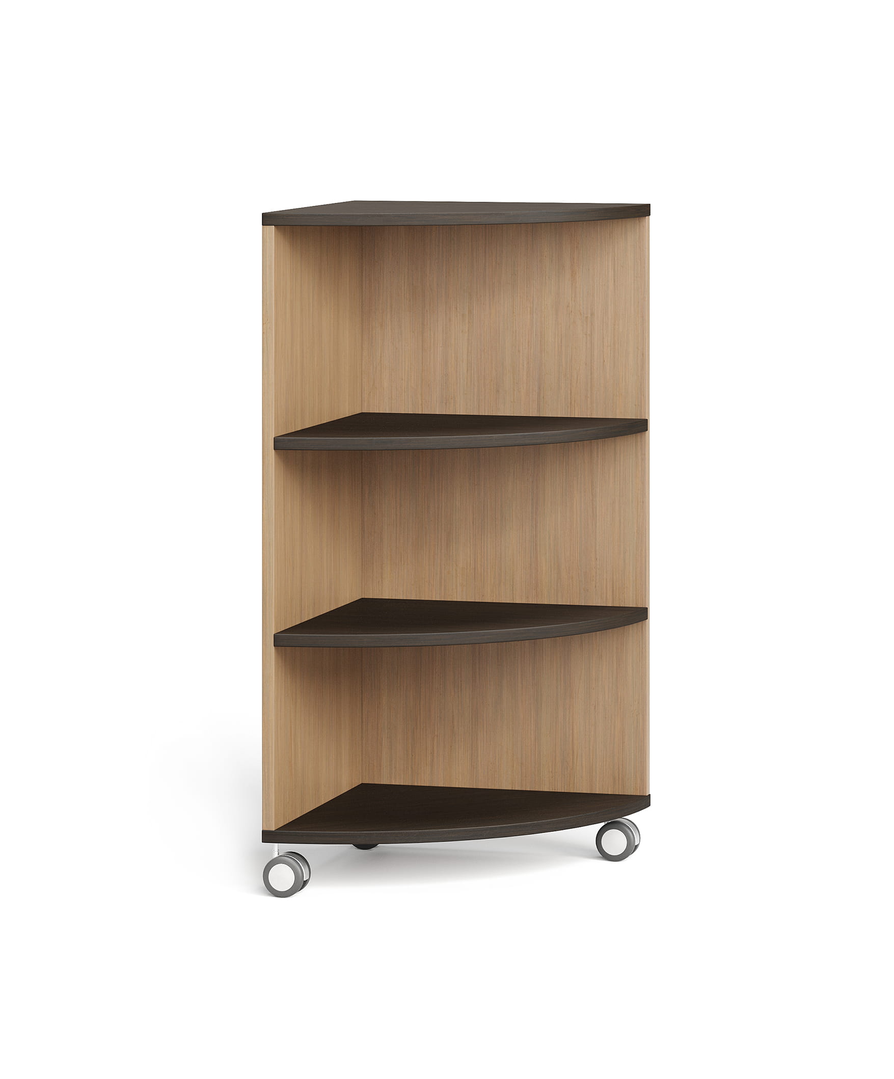 3D render of wooden storage shelf unit with multiple tiers and caster wheels