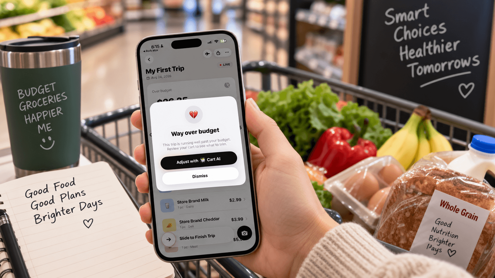 Cart AI adjustment screen with three selected savings suggestions and a projected cart total of $231.55.