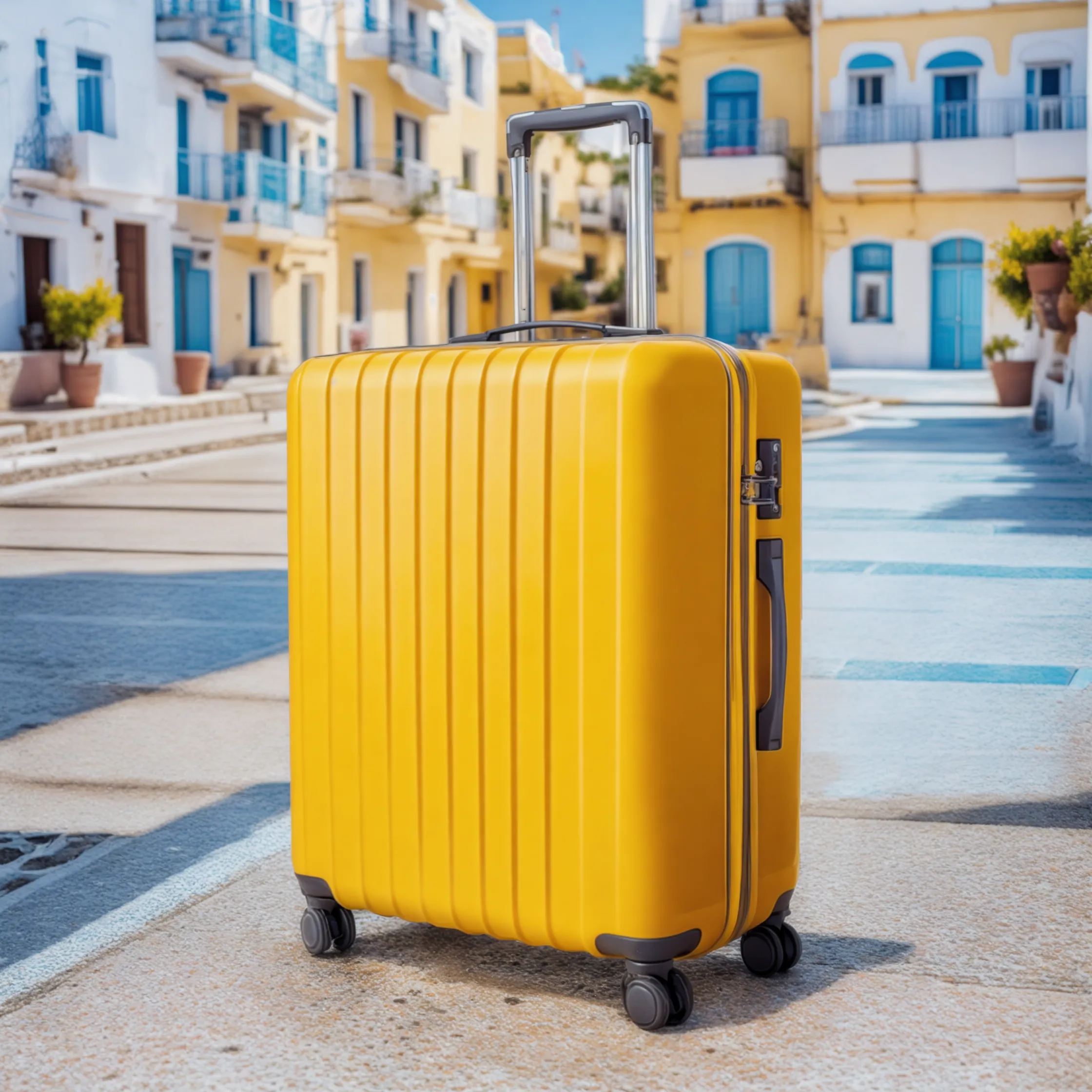 Yellow suitcase in a plaza from a greek town. Generated with AI.