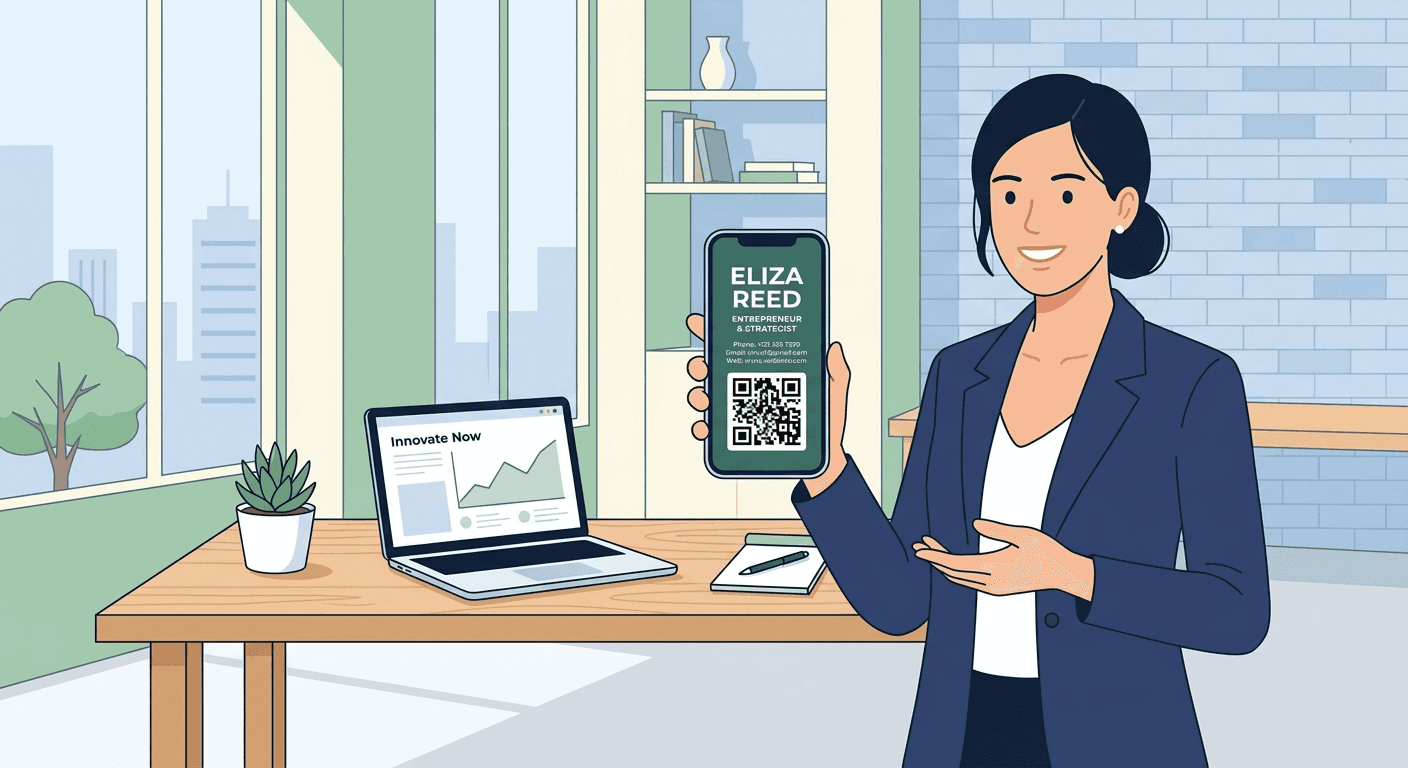 Entrepreneur sharing a digital business card using QR code illustration