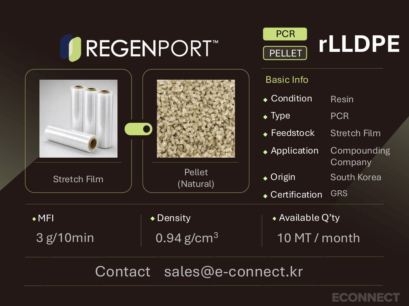 rLLDPE PCR resin spec card - Stretch Film to pellet form