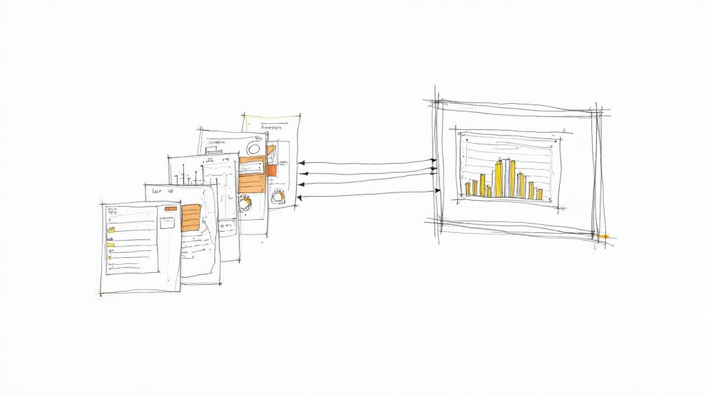 A person working on a laptop with complex charts and data visualizations, illustrating the challenges of ROI measurement.