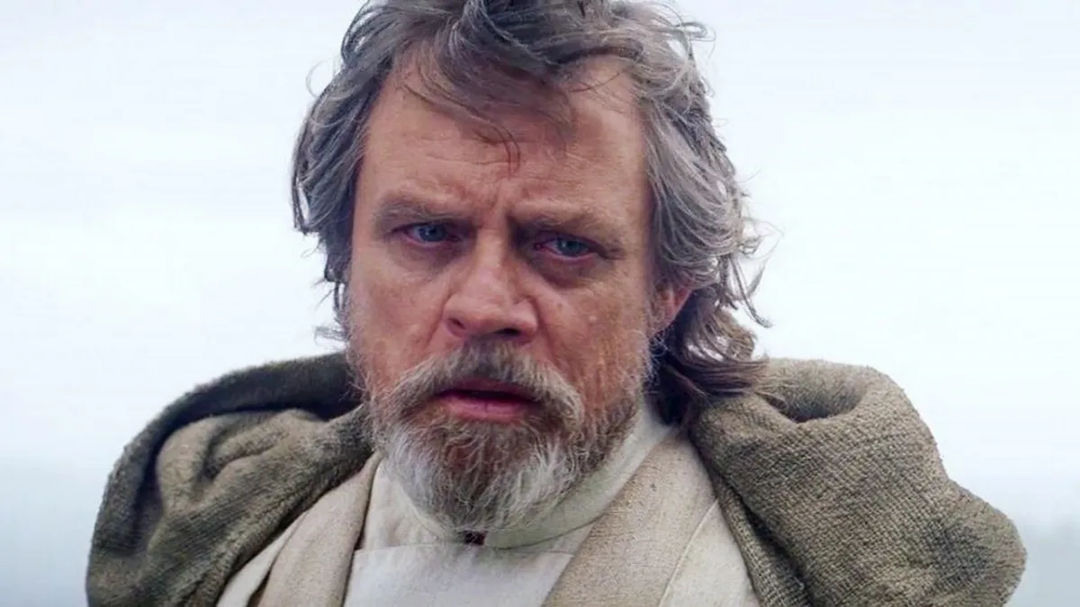 Luke Skywalker from The Last Jedi looking sad in a white Jedi robe