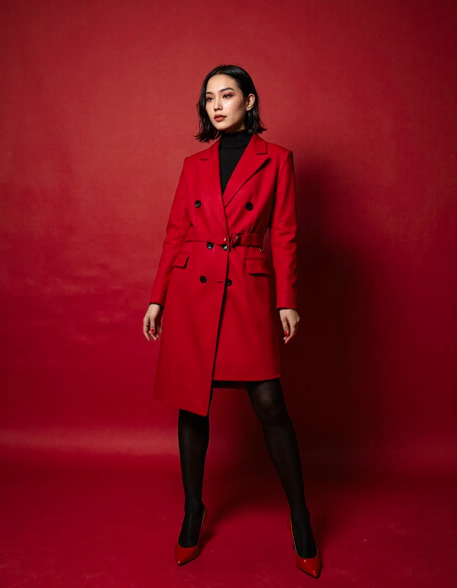 Woman in red belted coat and black turtleneck against matching red background, professional fashion portrait