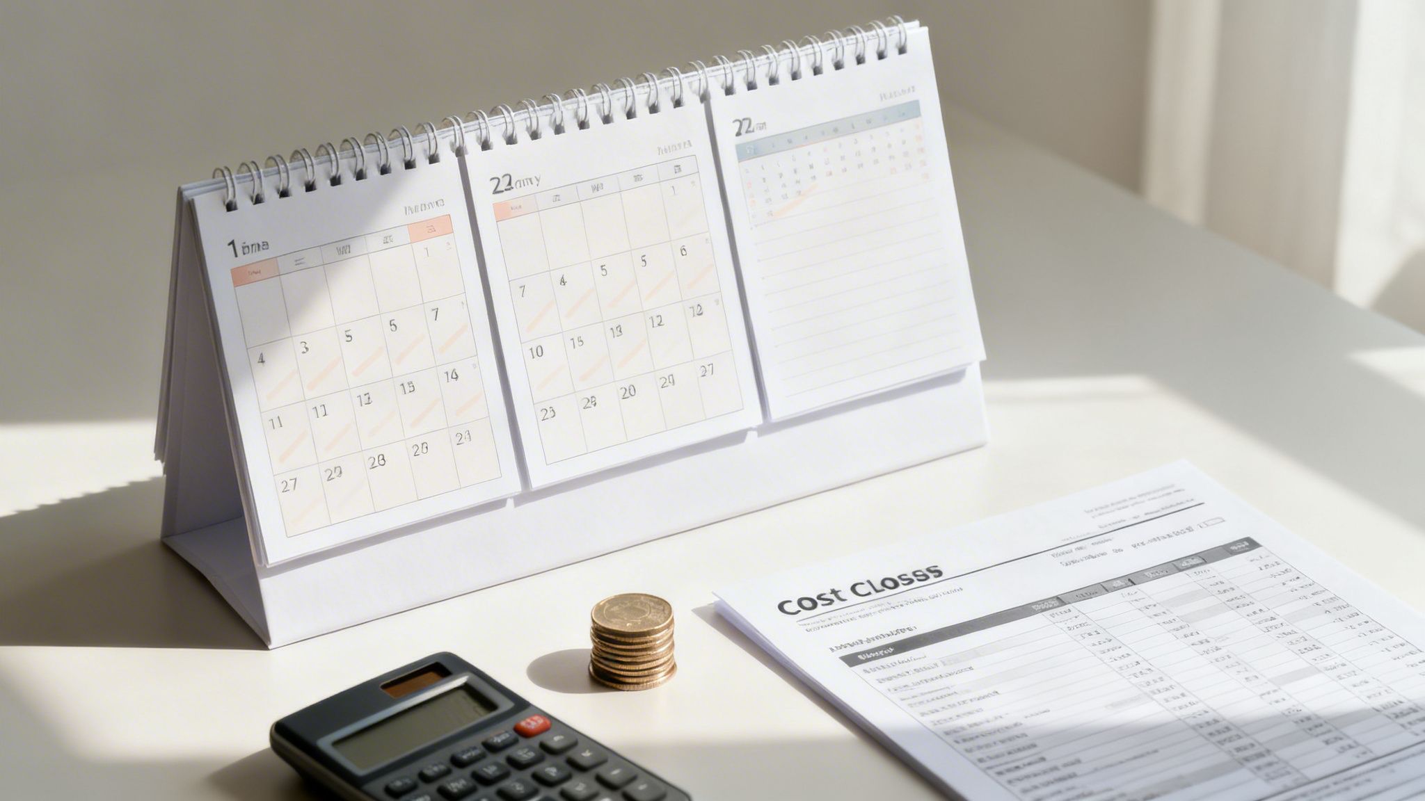 Ett skrivbord med en kalender, miniräknare, myntstapel och ett kostnadsdokument, belyst av solljus.