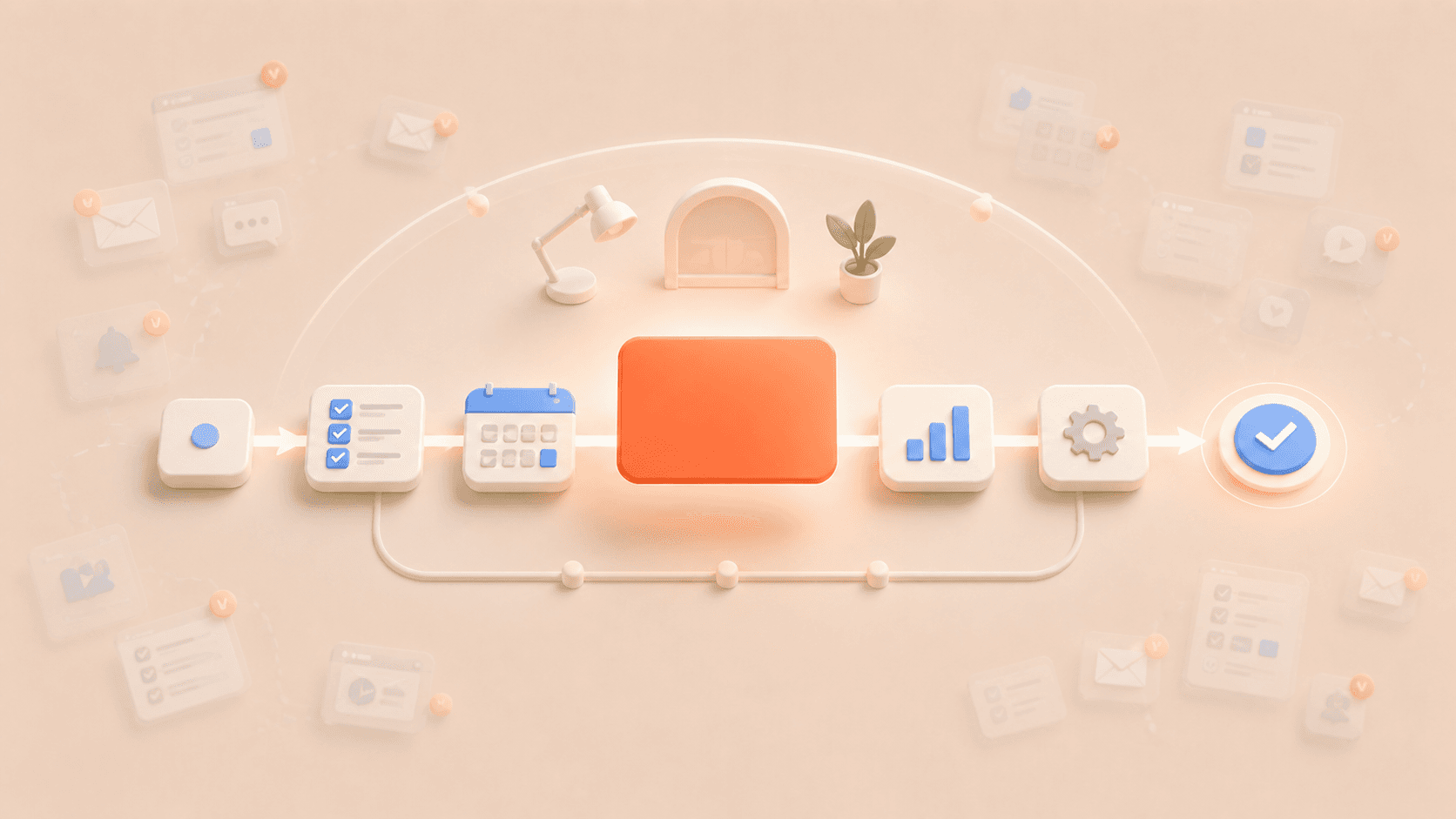 Minimalistische 3D-Illustration eines strukturierten Arbeitsprozesses auf warmem cremebeigem Hintergrund: In der Mitte schwebt eine korallfarbene Fokuskarte, verbunden mit einer klaren Abfolge von Elementen wie Checkliste, Kalender, Diagramm und Einstellungssymbol, die einen geordneten Workflow darstellen. Am Rand sind halbtransparente Benachrichtigungen, Aufgaben- und App-Symbole zu sehen, die in den Hintergrund verblassen und reduzierte Ablenkung durch strukturierte Arbeitsumgebung symbolisieren.