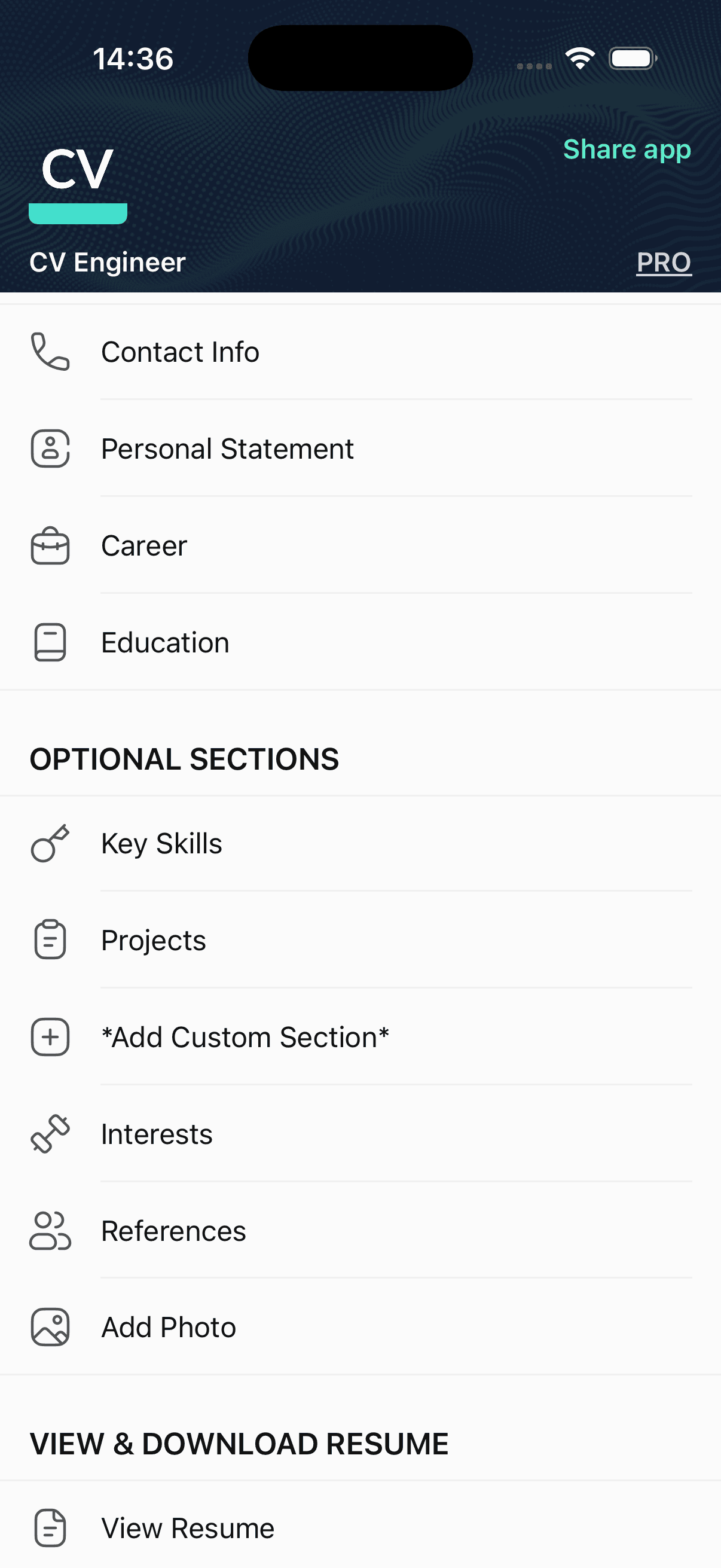 Main menu of the CV Engineer mobile app