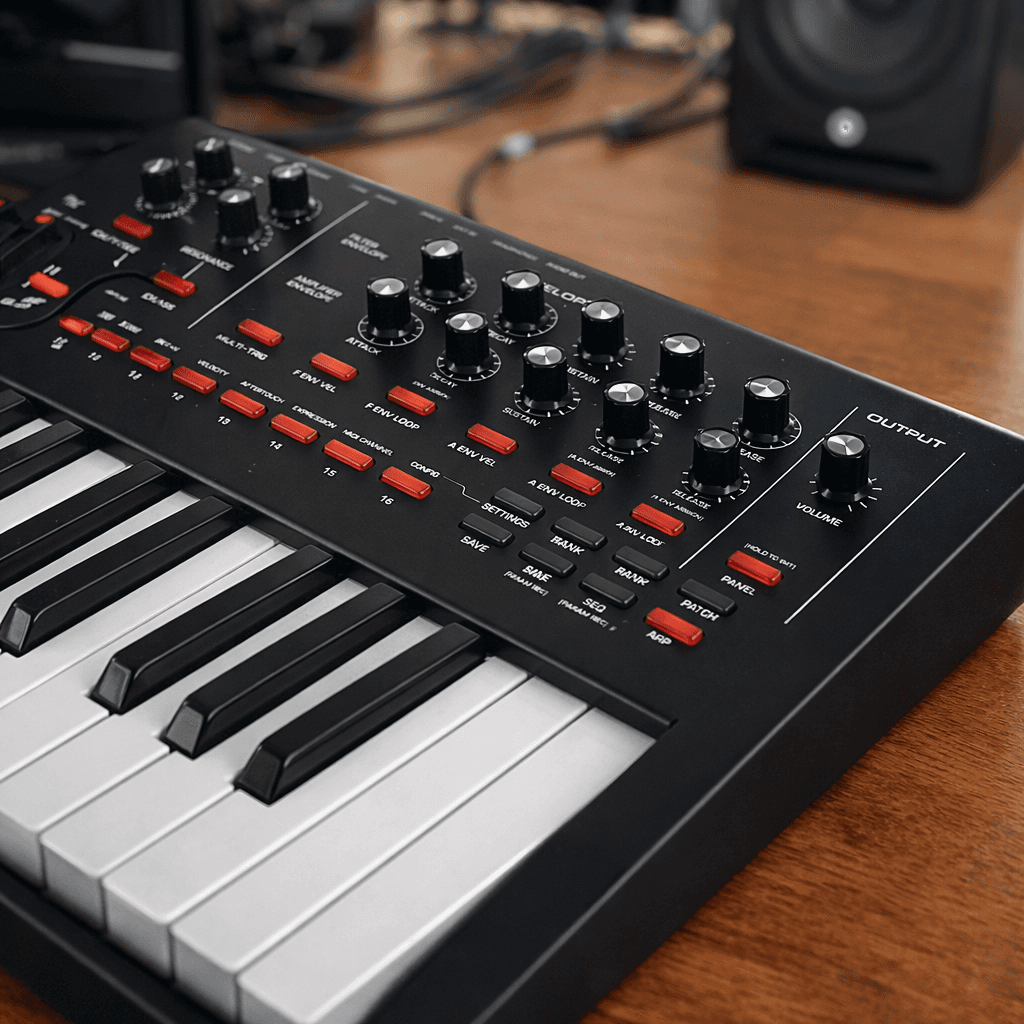 Analog synthesizer keyboard with control knobs in a home music production studio