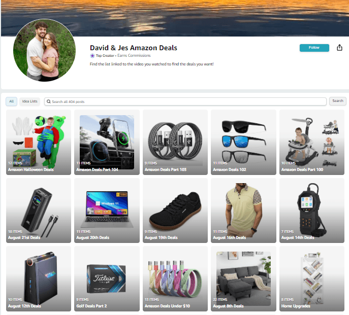 screenshot of influencer David’s amazon storefront