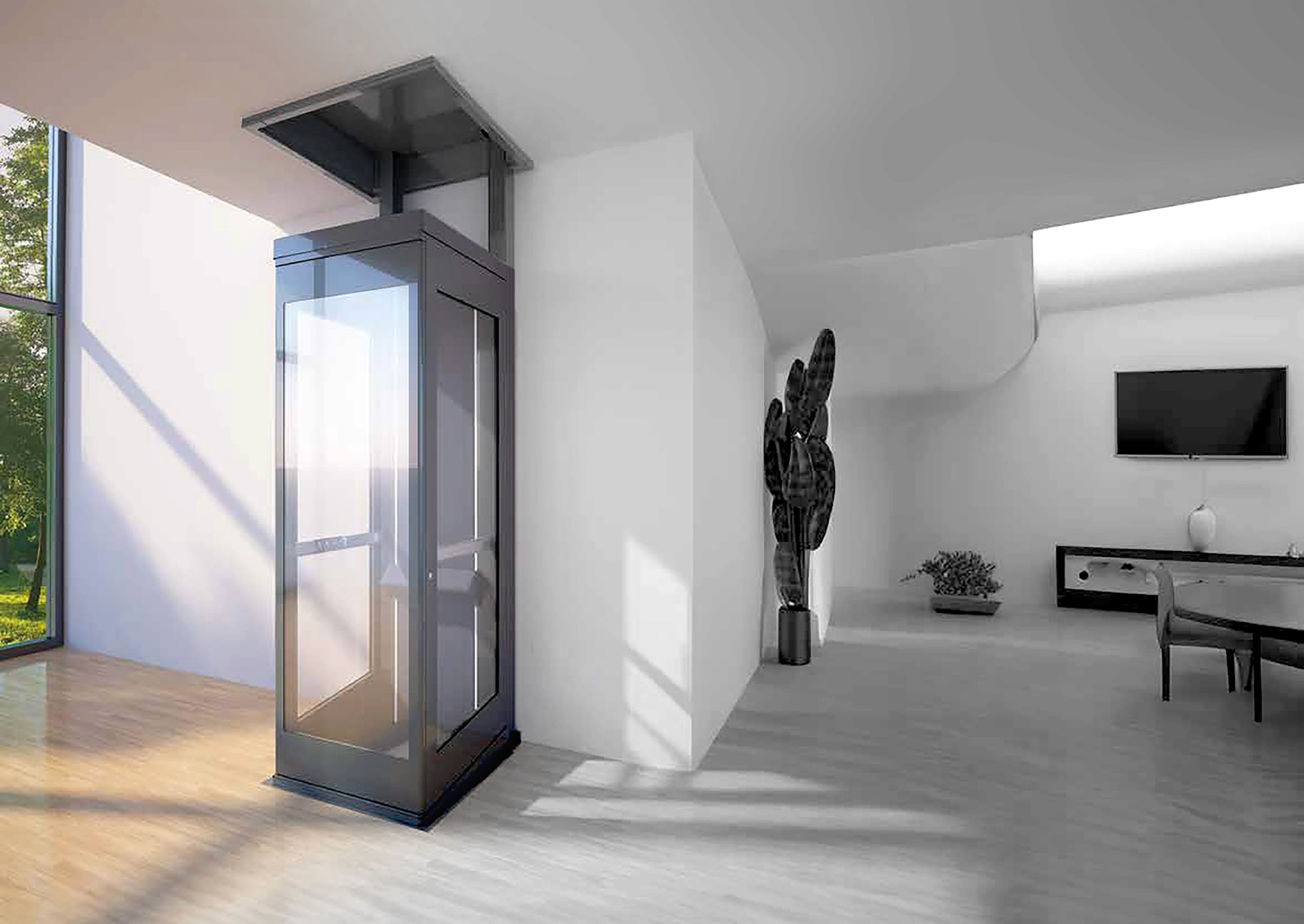 Elevate AVA Swift home lift in anthracite grey with full glass panels installed in a contemporary open-plan living space — door closed