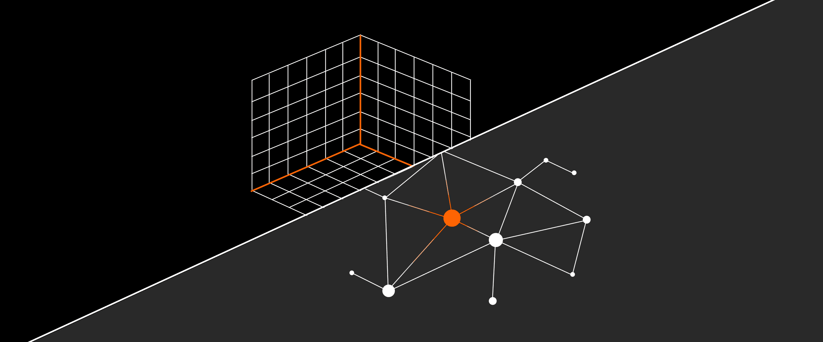 Split illustration on a black background with a white three-dimensional grid on one side and a node-and-edge graph with an orange central node on the other, contrasting a knowledge graph with a vector database.