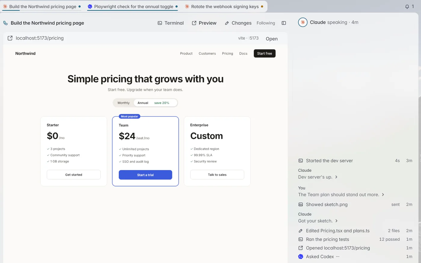 Parallax on Mac: a voice call with an agent while it previews the page it built