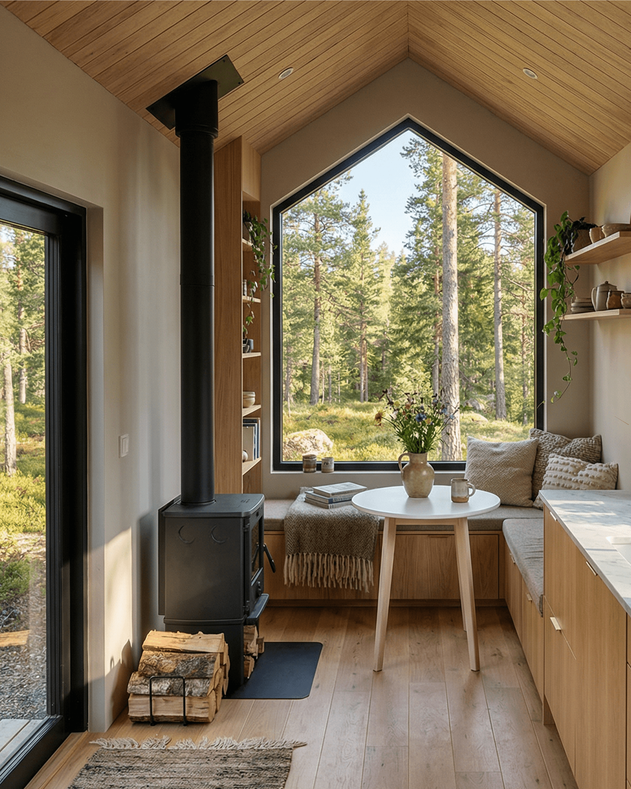 Cozy cabin interior design with a wood stove, built-in seating nook, and large picture window framing forest views, set within a warm open plan cabin layout.