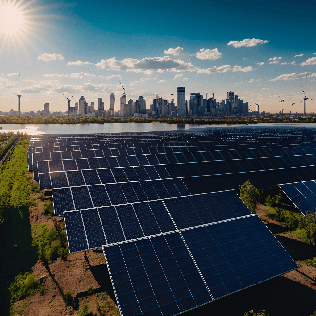 A field of solar panels in the foreground with a city skyline and blue sky in the background.