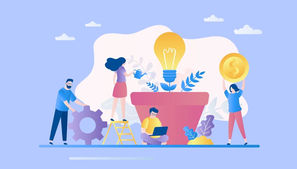 Illustration of team nurturing a glowing light bulb sprouting from a flowerpot.