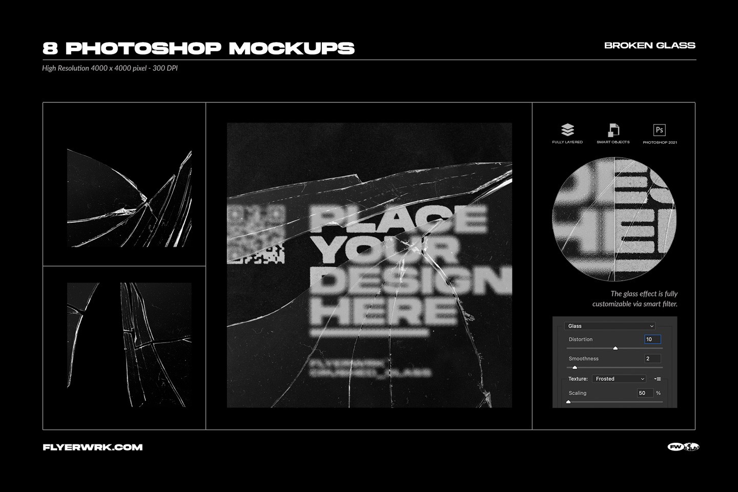 Selection of eight layered broken glass textures Photoshop mockup templates with fully customizable smart filters