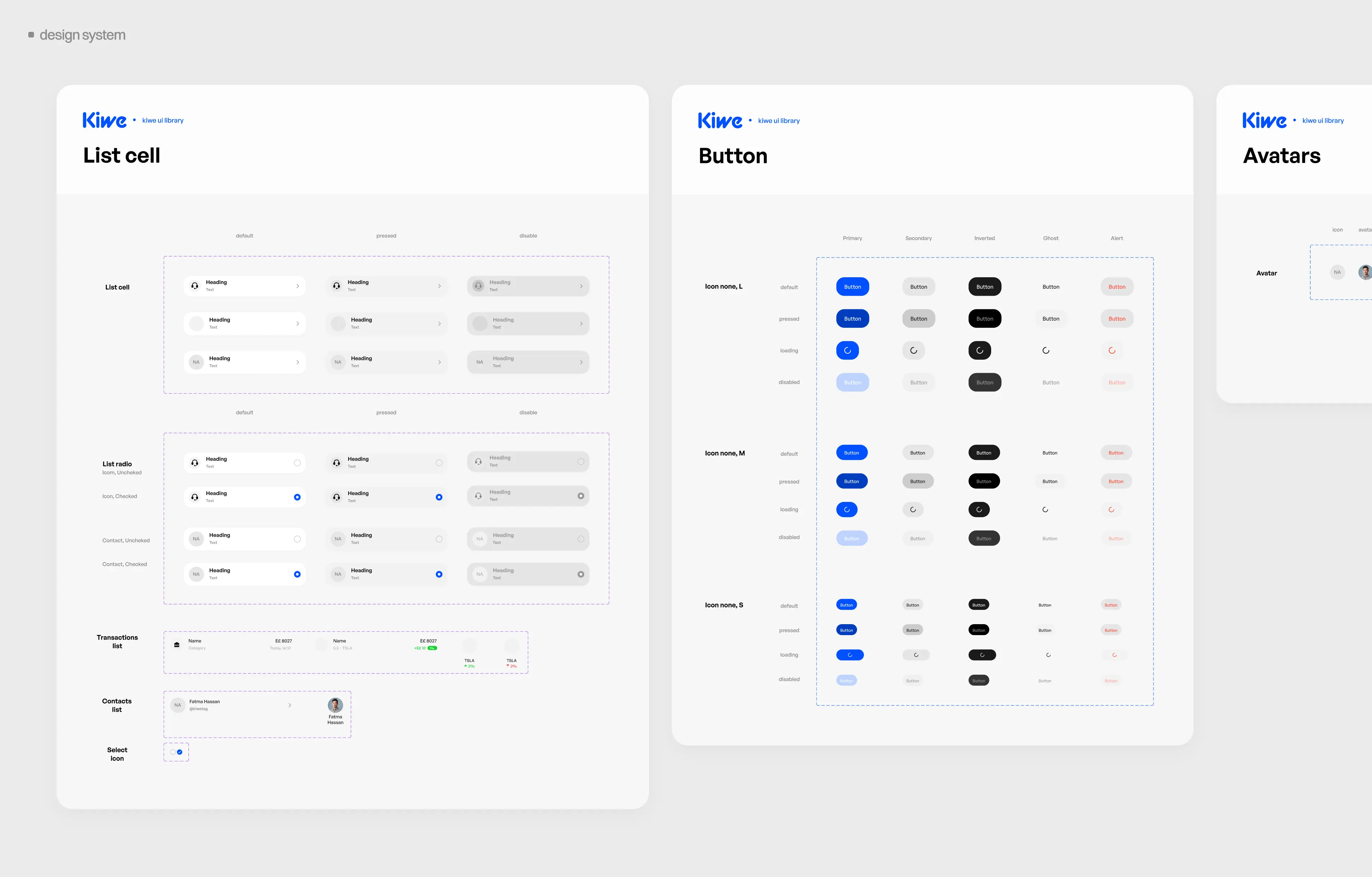 Kiwe Bank Figma design system — List cell, Button, and Avatar component libraries